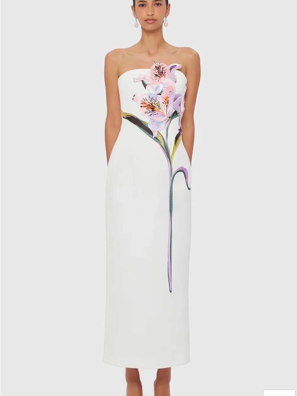 Strapless White Column Dress with Pastel Floral Detail